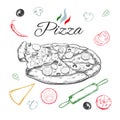 Pizza. Vector hand drawn illustration. Italian cuisine. Sketch style Royalty Free Stock Photo