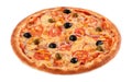 Pizza Vegetarian with tomatoes, corn, onion, green and black olives isolated on white, closeup
