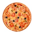 Pizza Vegetarian with tomatoes, corn, onion, green and black olives isolated on white, top view