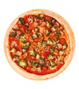 Pizza with veggie vegetables top view, on bamboo bottom isolate