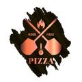 Pizza watercolor logo with oven shovel. Wood fired Royalty Free Stock Photo