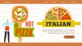 Pizza web banner, restaurant website vector illustration. Italian pizzeria food design, tasty cafe menu background Royalty Free Stock Photo