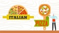 Pizza web banner, restaurant website vector illustration. Italian pizzeria food design, tasty cafe menu background Royalty Free Stock Photo