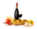 Pizza with wine and ingredients Royalty Free Stock Photo
