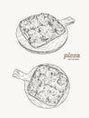 Pizza on the wooden board hand draw sketch vector.