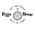 Pizza wooden peel label. Pizza stand. Vector Illustration. Pizza House logo.