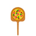 Pizza on a wooden shovel for a stove, traditional Italian recipe for pizzeria. Fastfood banner blank mockup on the white