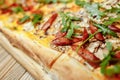 Pizza on wooden table top view. Fast food. Post blog social media. with copy space. Pizza ready to eat