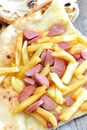 Pizza wurstel and potatoes Royalty Free Stock Photo