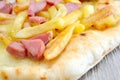 Pizza wurstel and potatoes Royalty Free Stock Photo