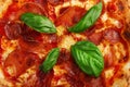 Pizzaa pepperoni background. pizza with meat and basil top view Royalty Free Stock Photo