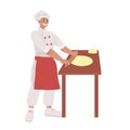 Pizzaiolo rolls out pizza dough with a rolling pin on the table. work as a cook. pizzeria. Cooking pizza vector illustration.