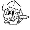 Pizzaiolo serving a pizza logo cartoon black and white