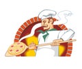 Pizzaiolo at work, pulls out the finished pizza from the stone oven with fire, vector icon illustration Royalty Free Stock Photo