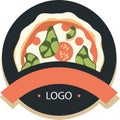 Illustration of a pizza on a plate with a ribbon and text. Pizzeria logo. Logo for pizzeria.