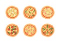 Pizzas with different toppings including Margherita, shrimp, bacon, onion, tomatoes. Top view. Vector illustration.