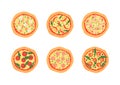 Pizzas with different toppings. Vector illustration. Cartoon stylized