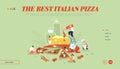 Pizzeria Bistro Website Landing Page, People Character Eating Huge Pizza, Cut with Knife, Put Ketchup and Cheese Royalty Free Stock Photo