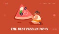 Pizzeria Bistro Website Landing Page, People Character Eating Huge Pizza Italian Food. Fast Food, Cafe, Visitors, Web