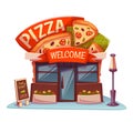 Pizzeria building with bright banner. Vector