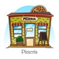 Pizzeria building with pizza at facade. Food shop