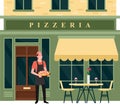 Pizzeria city street facade, small food business, happy chef character holding pizza