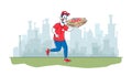 Pizzeria Courier Character Wearing Mask Delivering Pizza to Customers. Air Pollution Gas Emission in City, Food Delivery