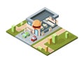 Pizzeria exterior. Modern urban fast food restaurant city isometric map with buildings facades infrastructure vector