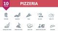 Pizzeria icon set Collection contain donuts, omelette, popcorn, sandwich, pizza and over icons. Pizzeria elements set