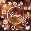 Pizzeria identity concept. Chalkboard toppings as frame on blurred background