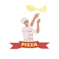 Pizzeria logo with a chef spinning the dough. tape with the PIZZA inscription. logo for the business of cafes and restaurants, a