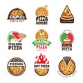 Pizzeria logo. Italian pizza ingredients restaurant cook trattoria lunch colored vector labels or badges