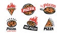 Pizzeria logos, labels. Italian cuisine restaurant of cafe. Set of vector badges with pizza Royalty Free Stock Photo