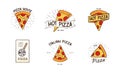 Pizzeria logotypes set. Collection of different logo with pizza slices and inscriptions.