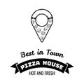 Pizzeria map pointer. Slice of pizza. Italian cuisine. Food Delivery.