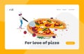 Pizzeria Meal, Bistro Italian Food Cook Landing Page Template. Tiny Female Character in Chef Uniform Hold Knife