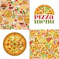 Pizzeria menu pattern set, vector illustration. Printable flyer banner with half, whole pizza. Product elements