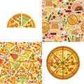 Pizzeria menu pattern set, vector illustration. Printable flyer banner with half, whole pizza. Product elements