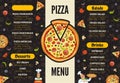 Pizzeria menu template. Italian kitchen cuisine food pizza ingredients cooking lunch and desserts vector background