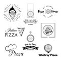 Pizzeria menu vintage design elements and badges set. Collection of vector pizza signs, symbols and icons. Royalty Free Stock Photo