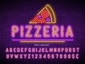 Pizzeria neon light alphabet, extra glowing font