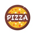 Pizzeria Vector Emblem - isolated label vector illustration. Pizza logo template. Pizza on a wooden plate