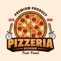 Pizzeria vector emblem or logo in colorful style