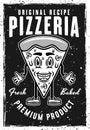 Pizzeria vintage black poster template with pizza piece cartoon smiling character vector illustration. Layered, separate