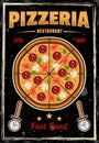 Pizzeria vintage colored poster with full top view pizza. Vector illustration with grunge textures and text on separate