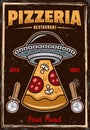 Pizzeria vintage colored poster with ufo stealing pizza slice. Vector illustration with grunge textures and text on