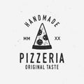 Pizzeria vintage logo. Pizza restaurant logo, emblem, label with pizza slice. Template for restaurant, cafe and pizza house. Vecto