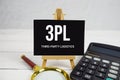 3PL Third-Party Logistics text with magnifying glass and calculator on wooden background Royalty Free Stock Photo