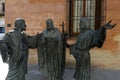 Placa de Santa Maria around Basilica Santa Maria, bronze sculpture by Miguel Ruiz, recreating a scene from The Mystery of Elche, t Royalty Free Stock Photo