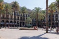 Placa Reial, Royal Square With the People, the Palms and the Fountain at the Center, Catalonia, Spain